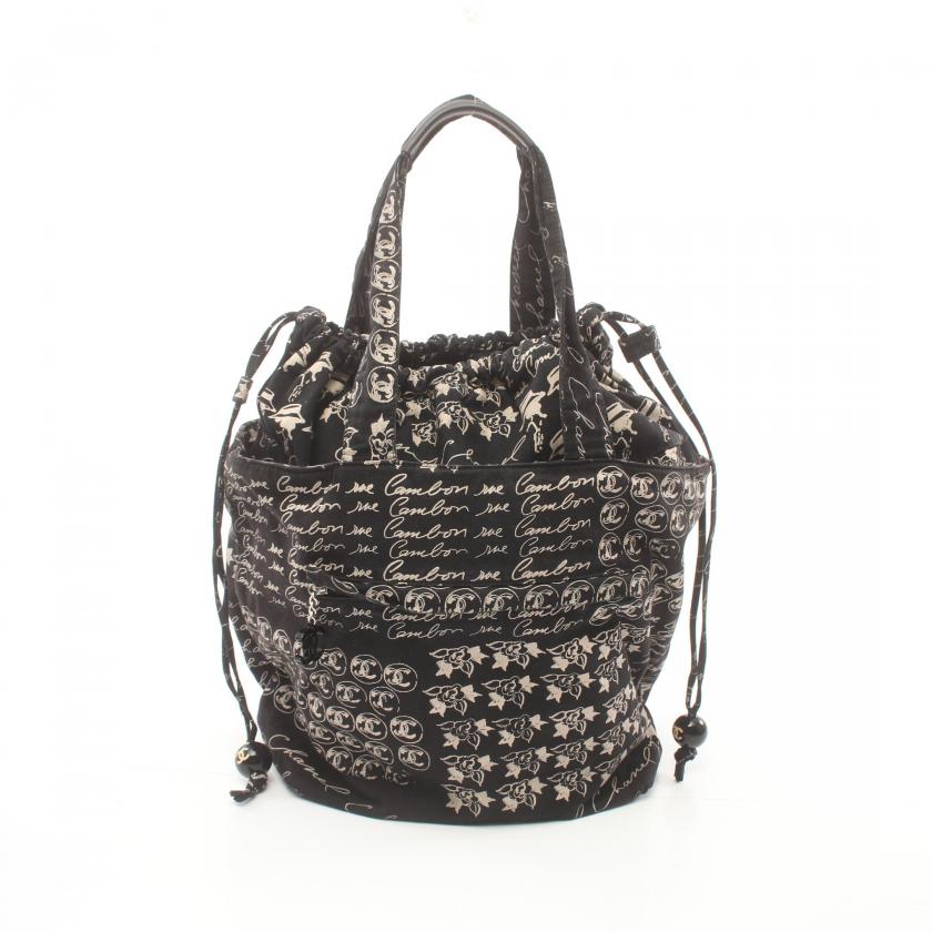 Chanel Coco Mark Camellia Black Ivory Canvas Tote Bag Handbag