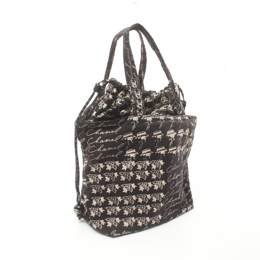 Chanel Coco Mark Camellia Black Ivory Canvas Tote Bag Handbag