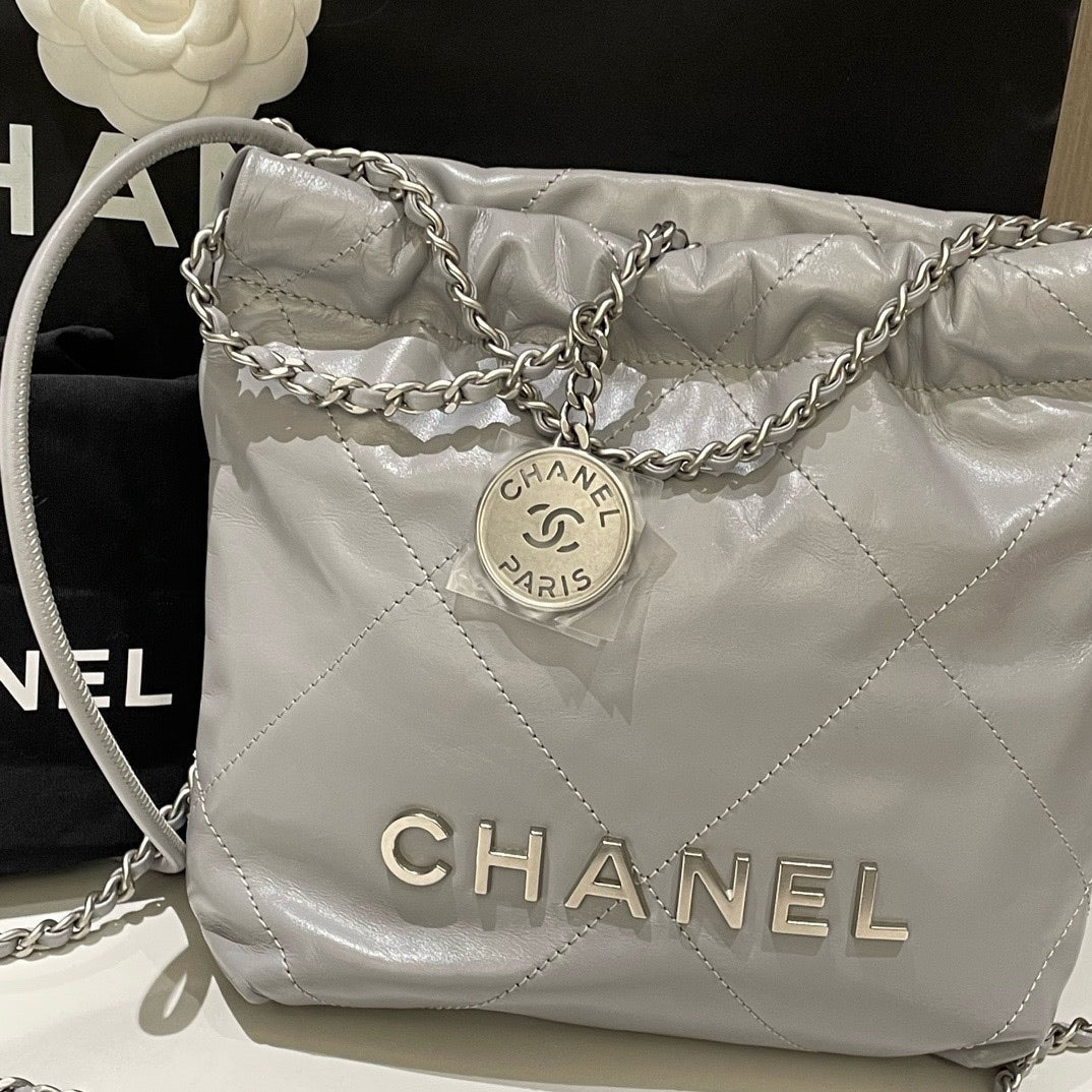Chanel  Mini Bag Gray Leather Shoulder Bag with Chain Strap