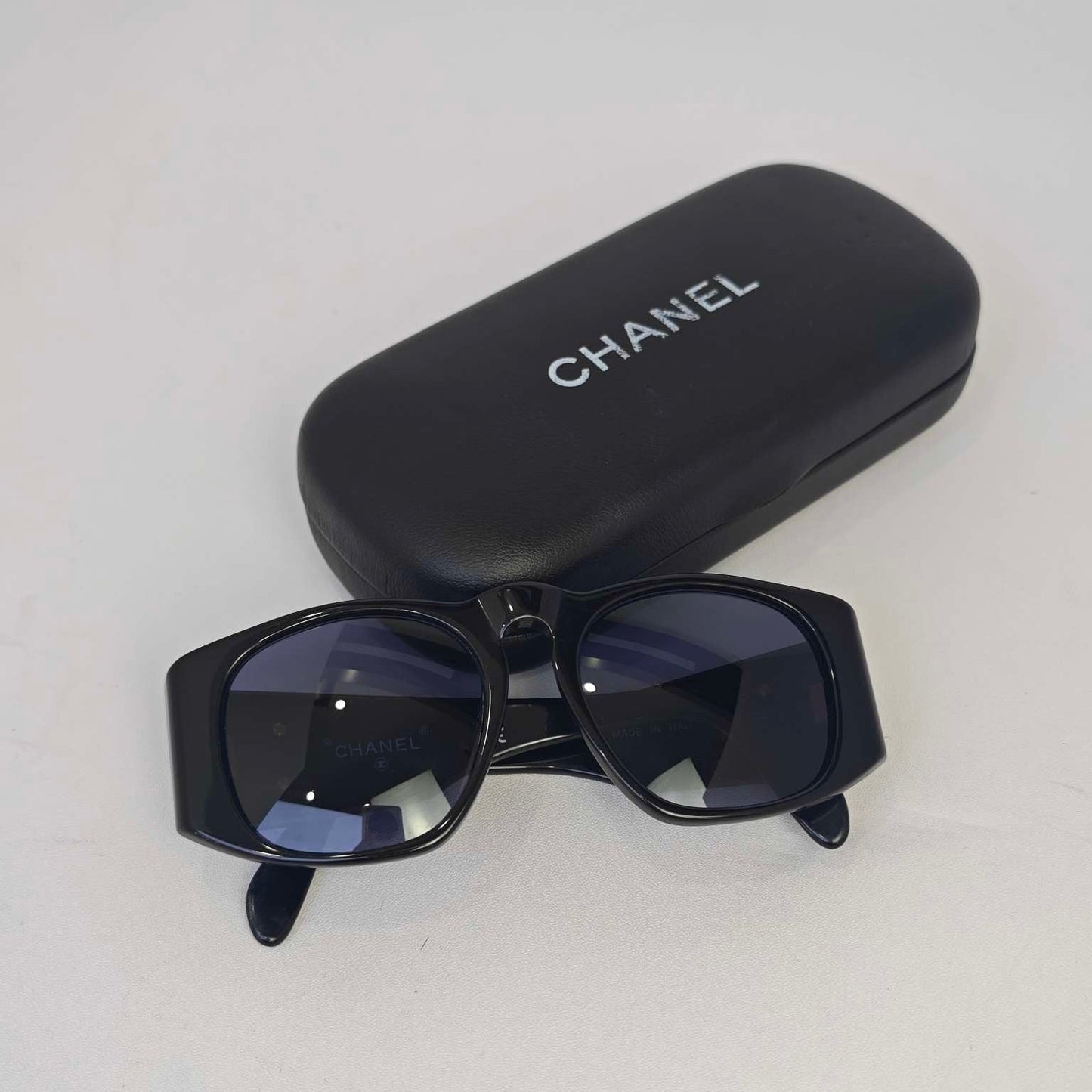 Chanel Black Quilted Acetate Sunglasses Gold CC Logo Medium Size with Case