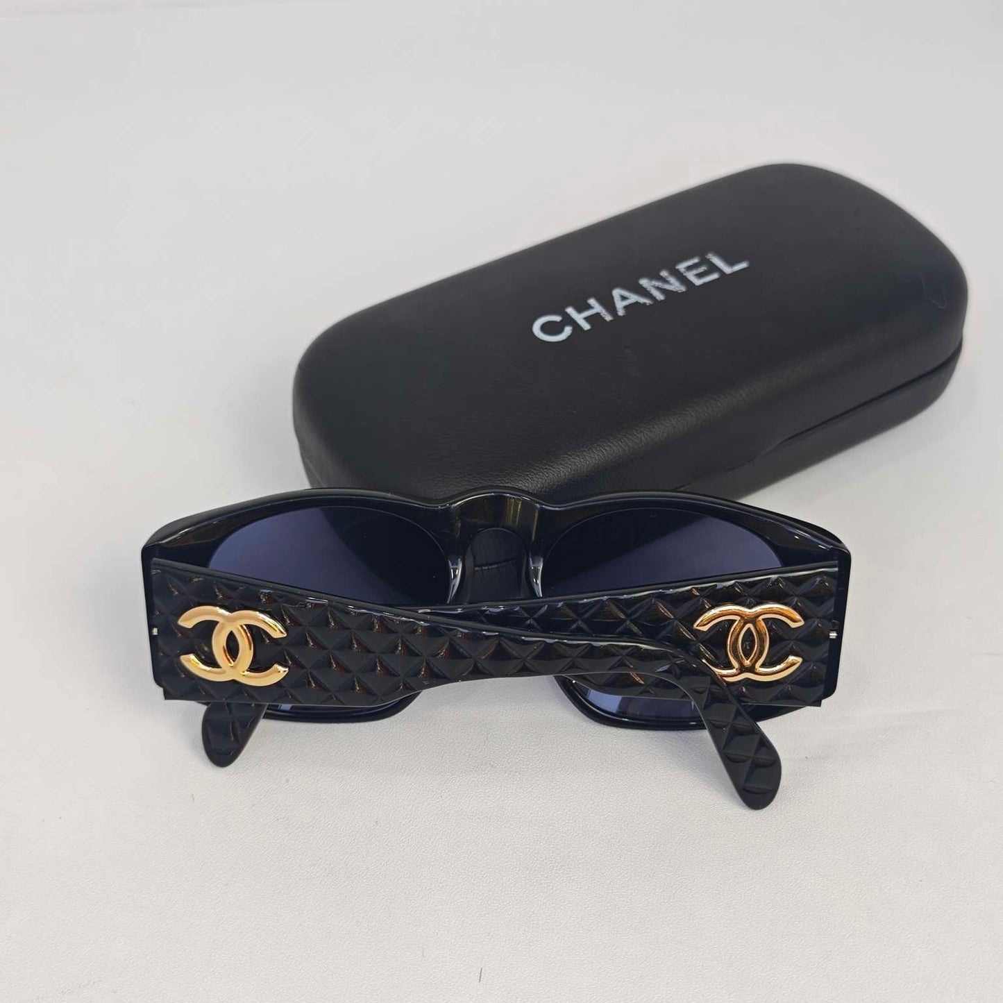 Chanel Black Quilted Acetate Sunglasses Gold CC Logo Medium Size with Case