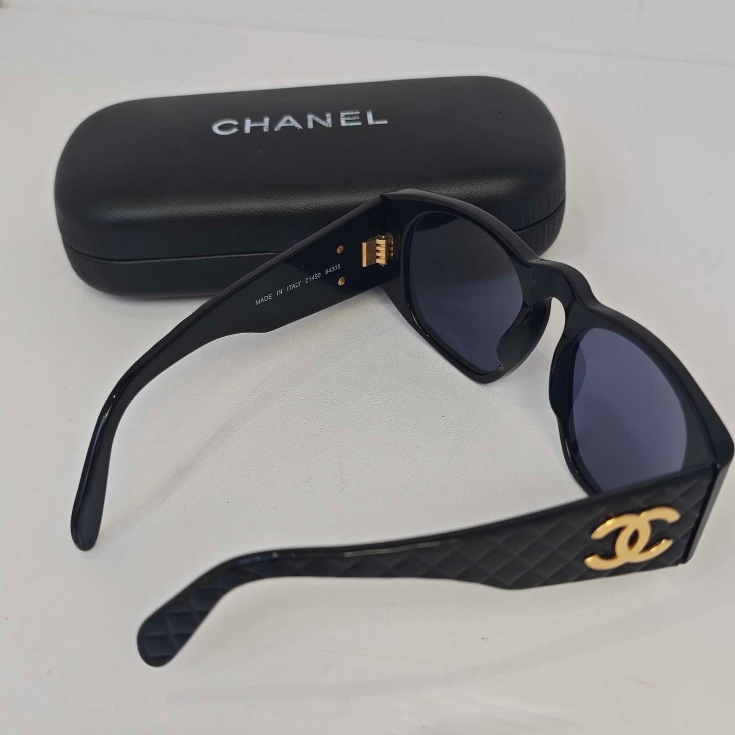 Chanel Black Quilted Acetate Sunglasses Gold CC Logo Medium Size with Case
