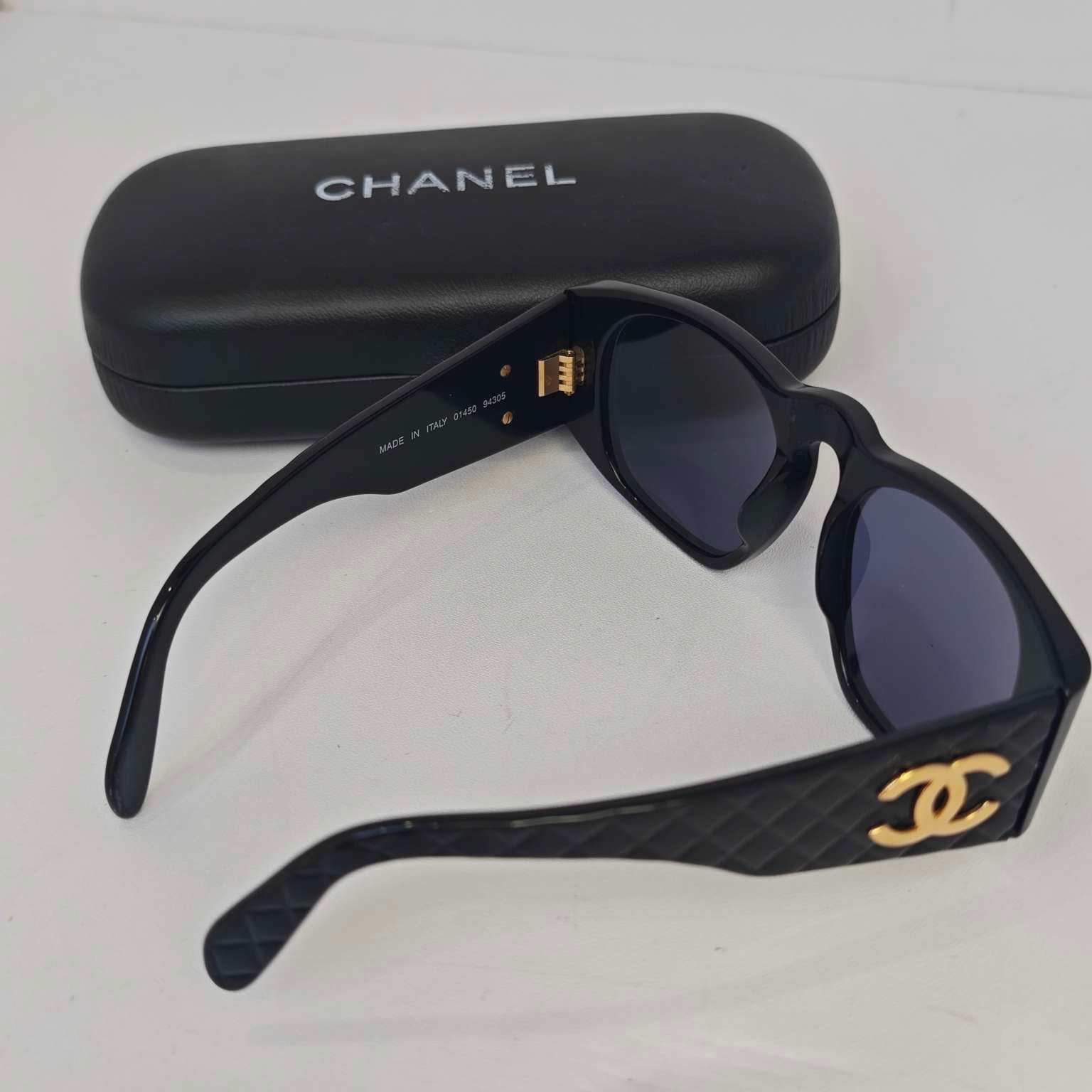 Chanel Black Quilted Acetate Sunglasses Gold CC Logo Medium Size with Case