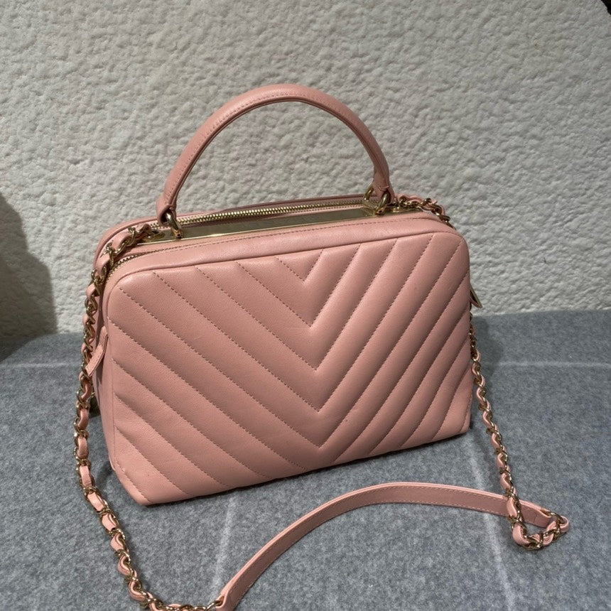 Chanel Trendy CC Pink Leather Chevron Quilted Bowling Bag Medium