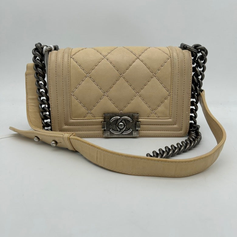 Chanel Beige Leather Quilted Crossbody Bag Medium