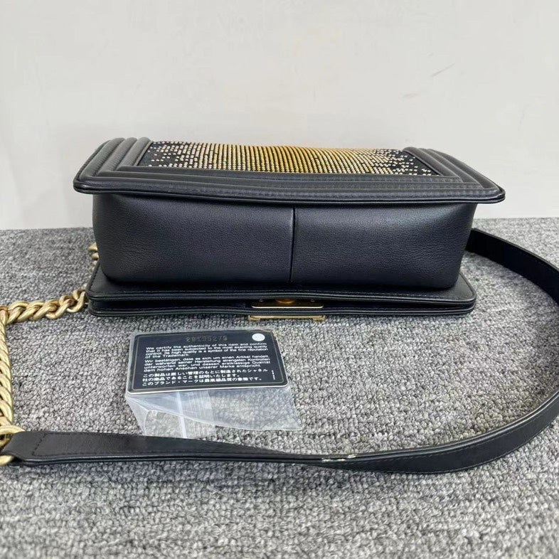 Chanel Leboy Black Embellished Leather Flap Bag with Card Medium