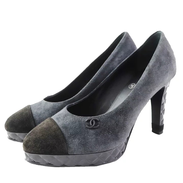 Chanel Black Suede Leather Cap Toe Heels Size