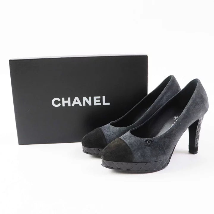 Chanel Black Suede Leather Cap Toe Heels Size
