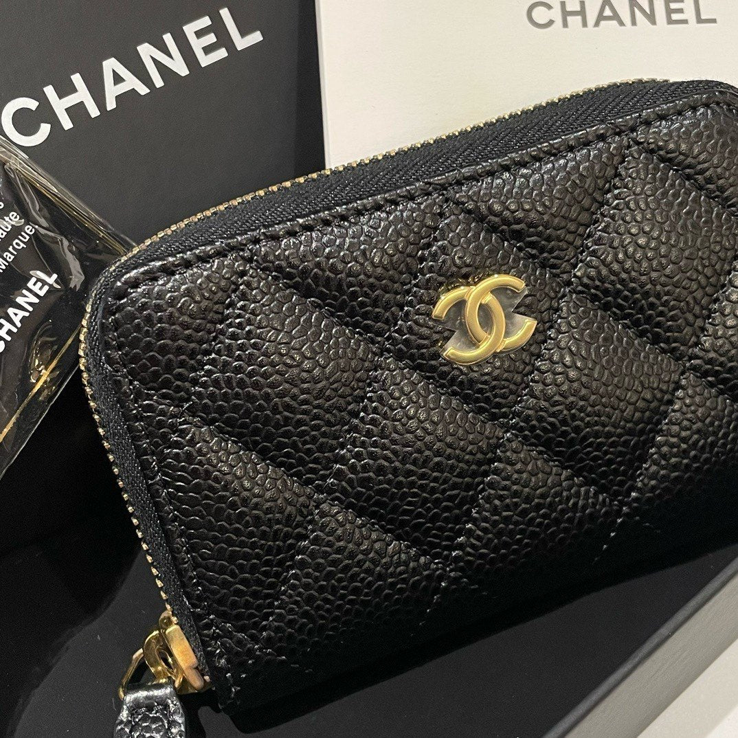 Chanel Caviar Leather Quilted Card Holder Coin Purse Black