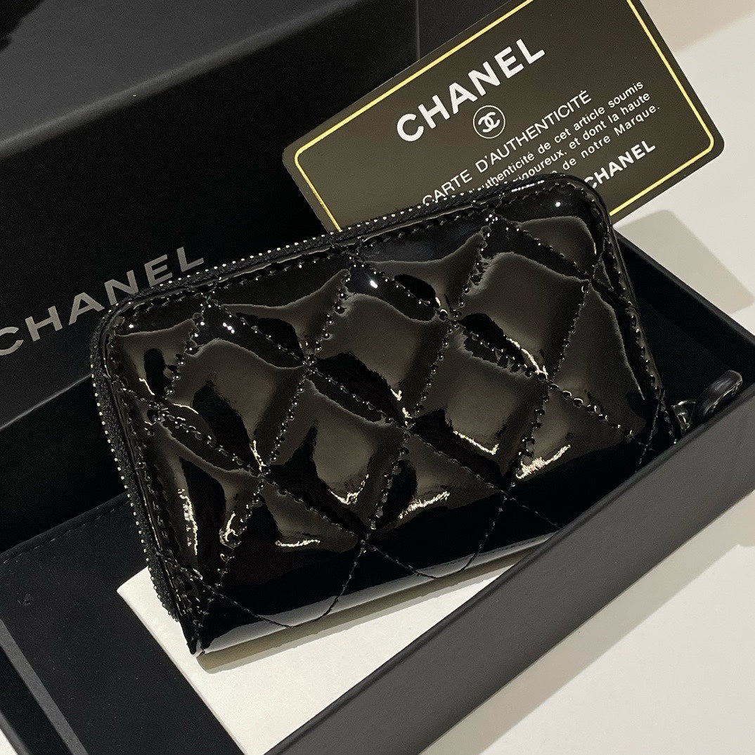 Chanel Black Patent Leather Quilted Card Holder  Model