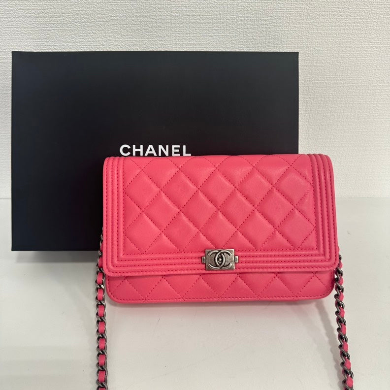 Chanel Boy Lambskin Quilted Wallet on Chain Pink  Series