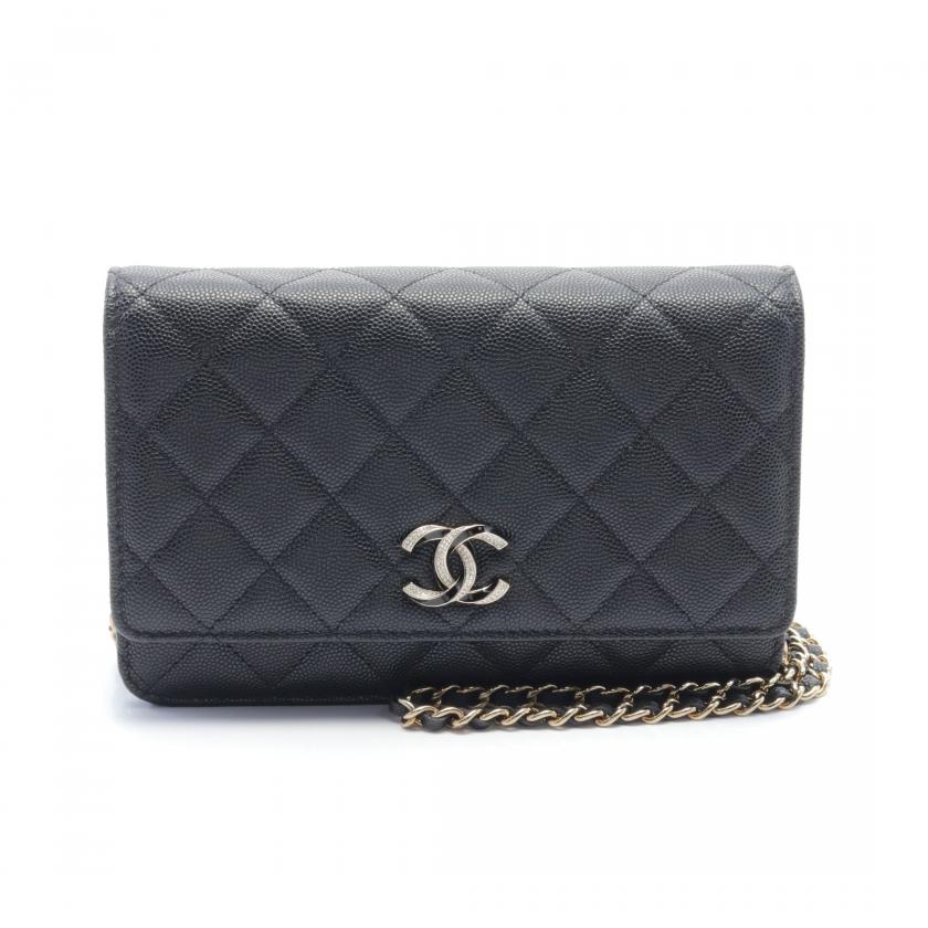 Chanel Matelasse Black Caviar Leather Chain Wallet Gold Hardware
