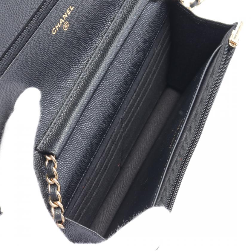 Chanel Matelasse Black Caviar Leather Chain Wallet Gold Hardware