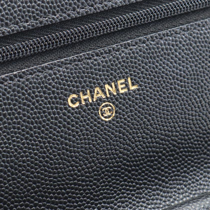 Chanel Matelasse Black Caviar Leather Chain Wallet Gold Hardware