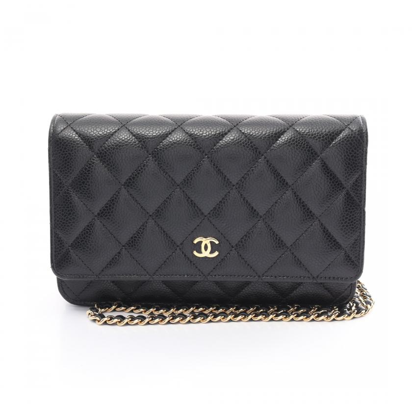 CHANEL Matelasse Black Caviar Leather Chain Wallet Gold Hardware