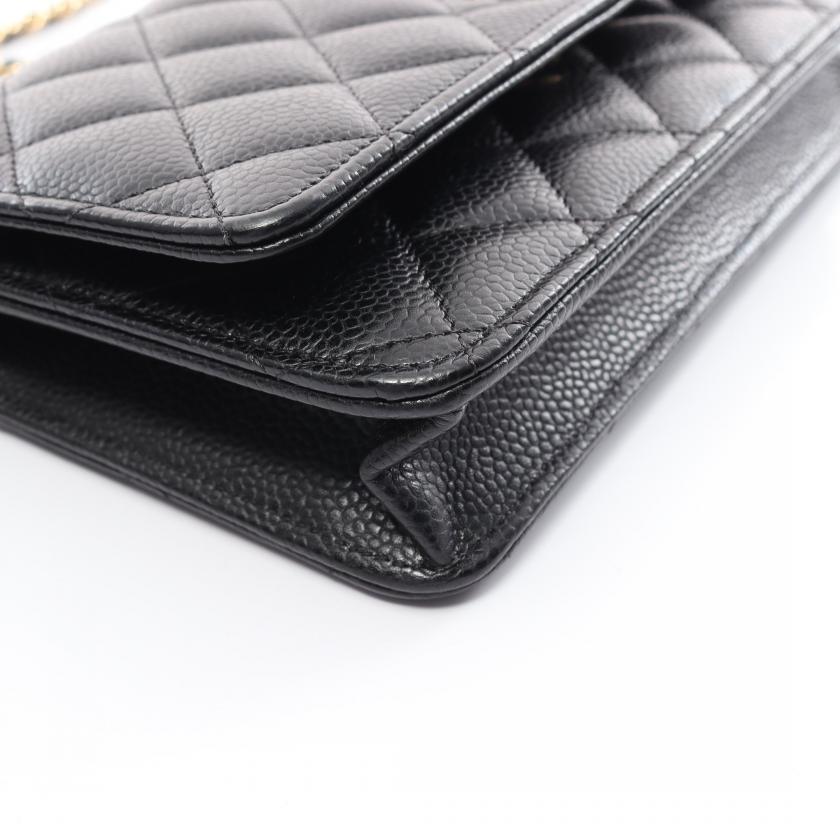 CHANEL Matelasse Black Caviar Leather Chain Wallet Gold Hardware