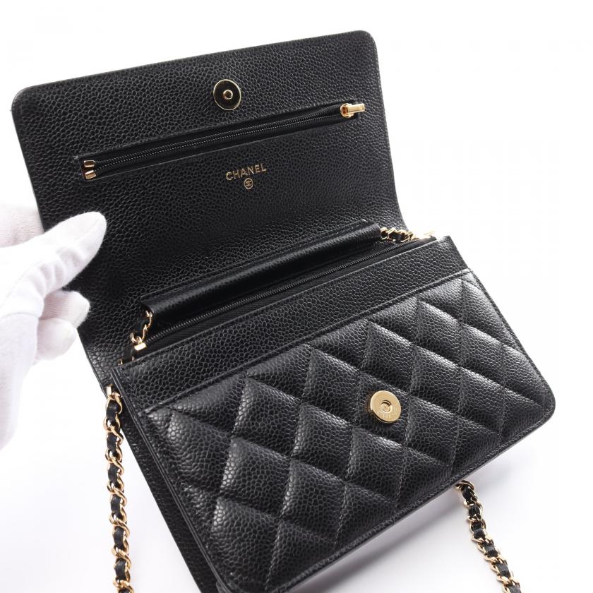 CHANEL Matelasse Black Caviar Leather Chain Wallet Gold Hardware
