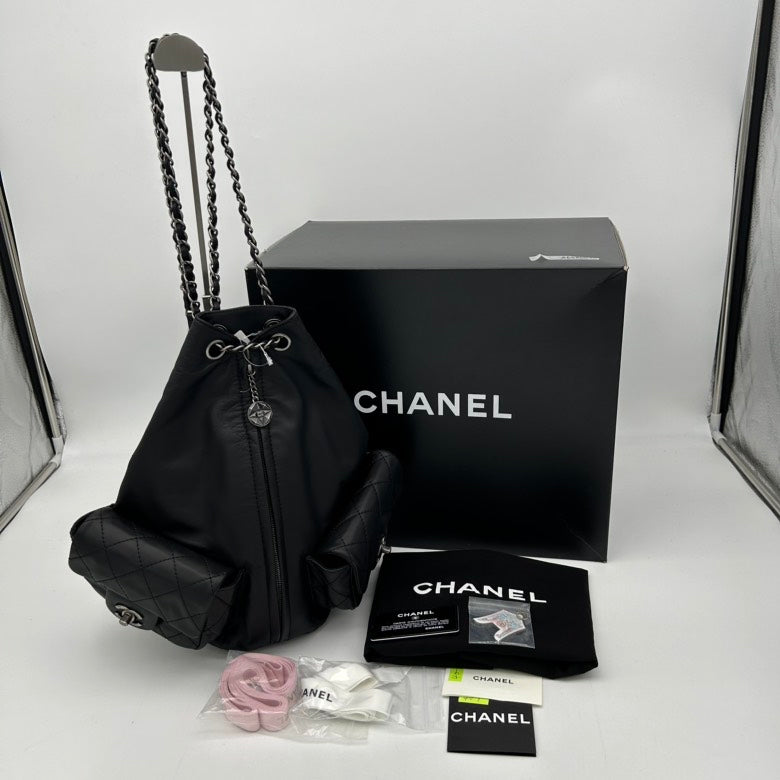 Chanel ways Black Leather Backpack Bag With Chain Straps