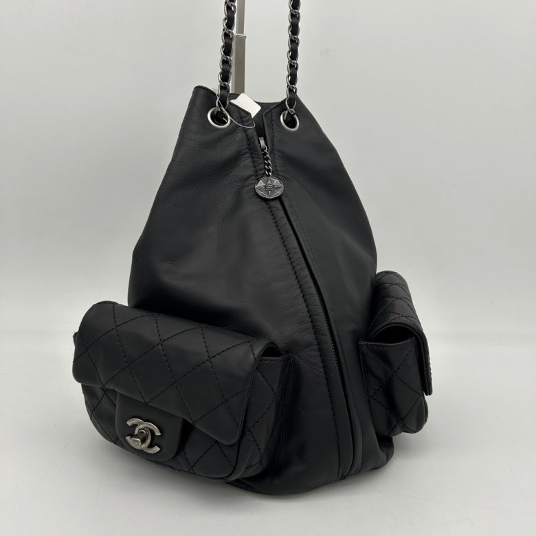 Chanel ways Black Leather Backpack Bag With Chain Straps