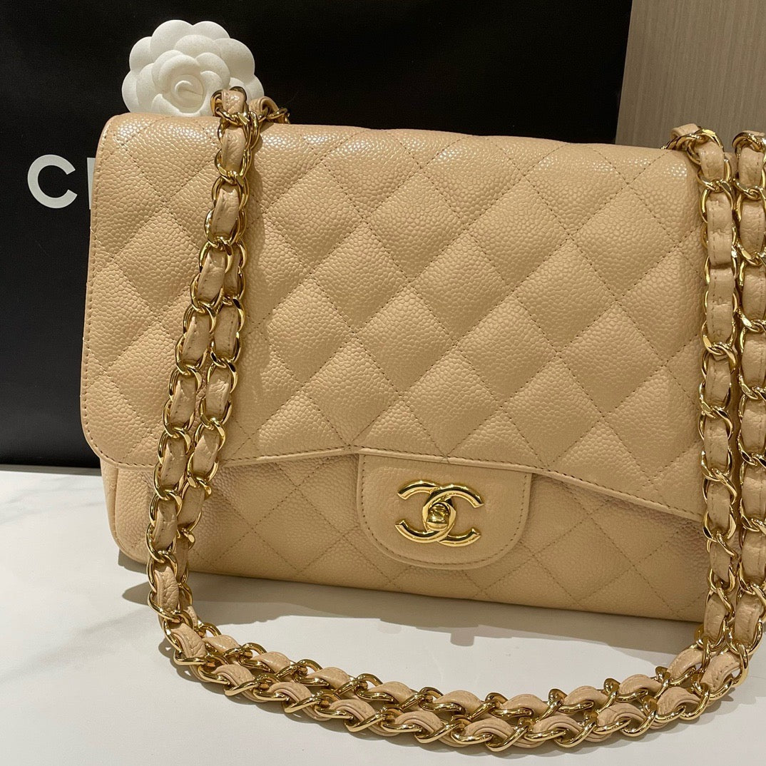 Chanel Classic Single Flap Jumbo Beige Caviar Leather