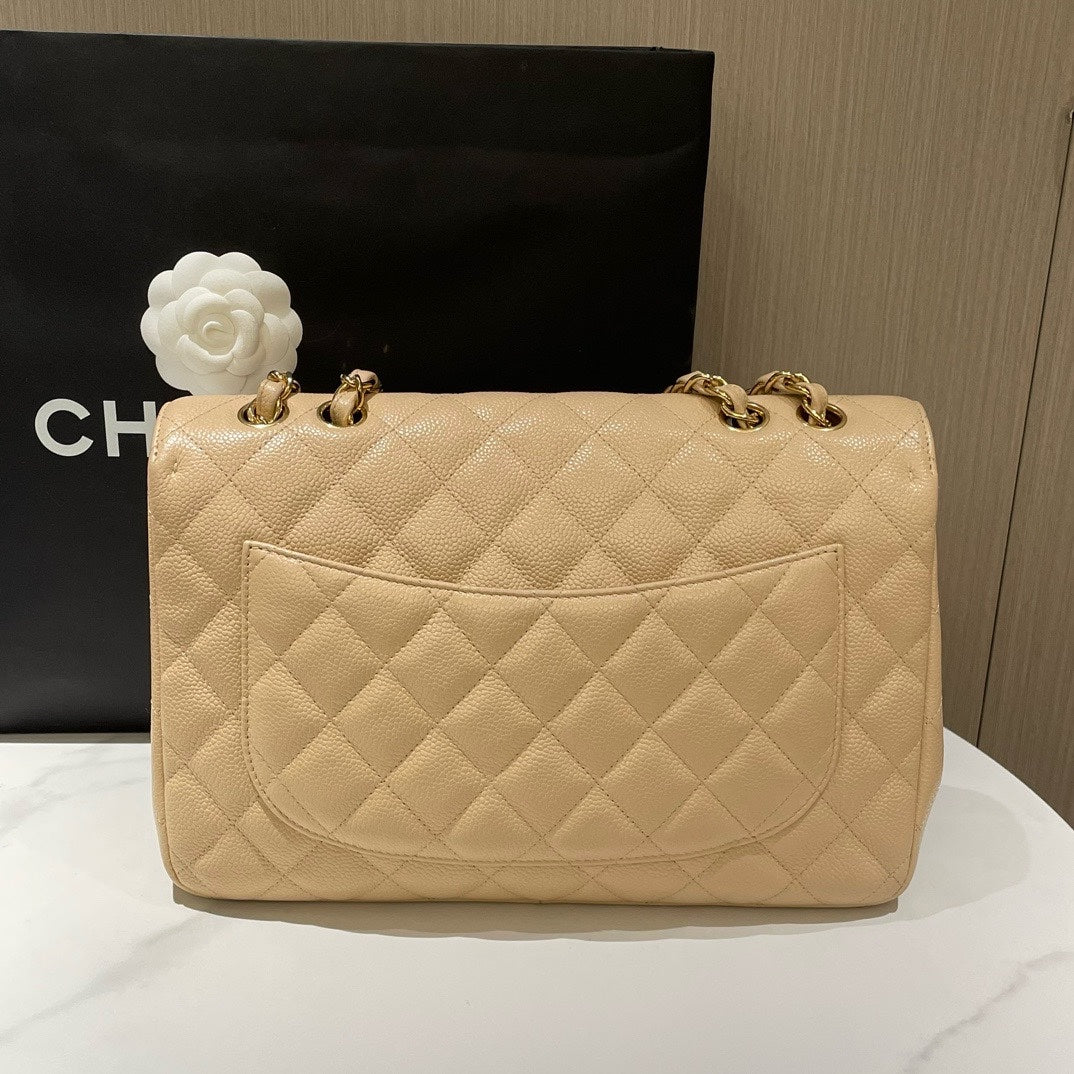 Chanel Classic Single Flap Jumbo Beige Caviar Leather