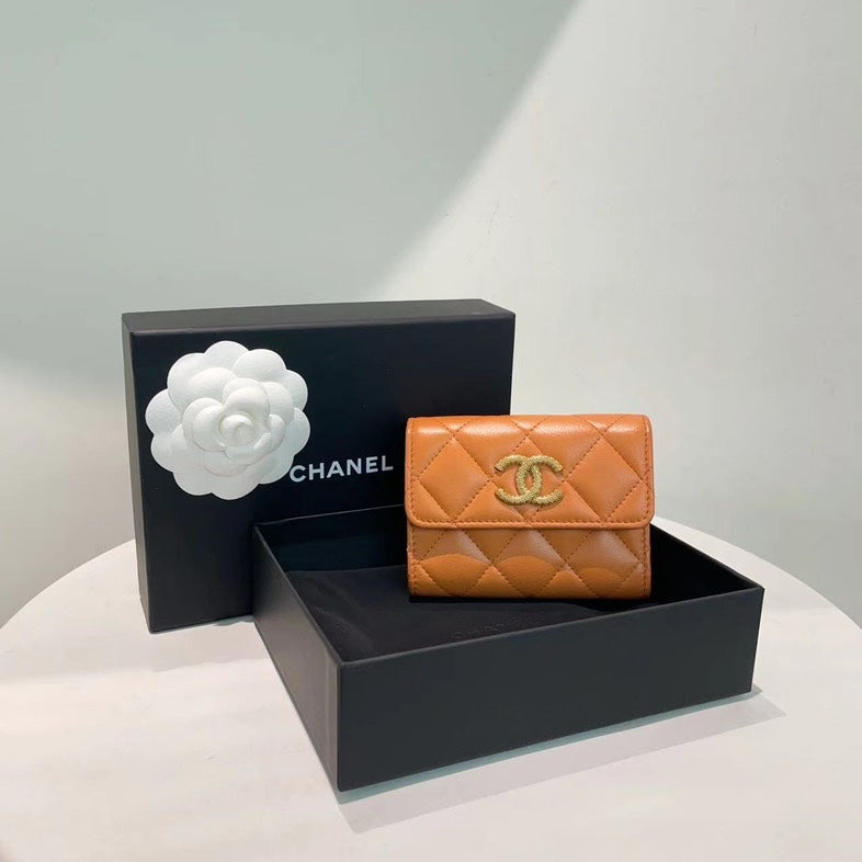 Chanel Tan Leather Quilted Wallet with Box