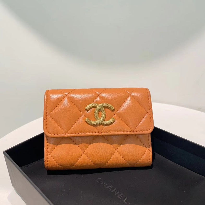 Chanel Tan Leather Quilted Wallet with Box