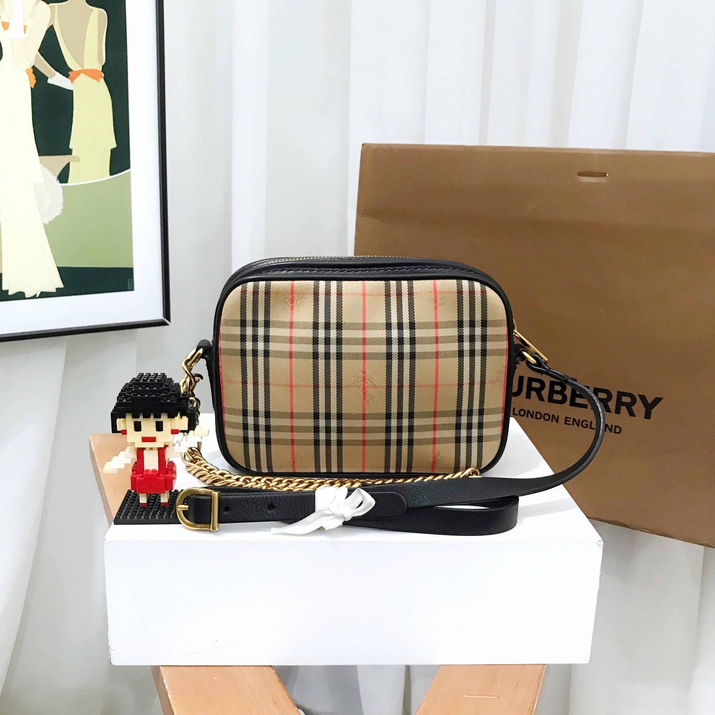 Burberry Luxury Check Camera Bag Leather Canvas Beige Travel Bag
