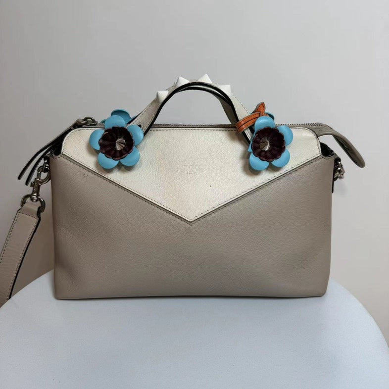 Fendi Handbag By The Way Flower Applique Leather Beige Medium