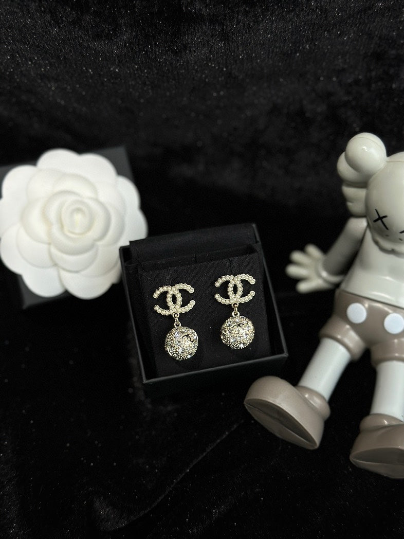 Chanel Gold Crystal CC Logo Drop Earrings