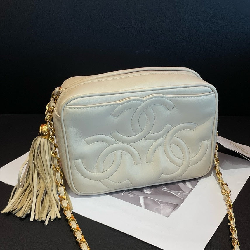 Chanel   White Leather Camera Bag With Tassel Gold Chain Strap