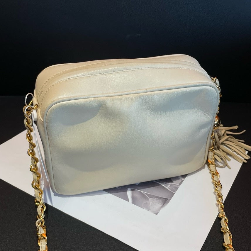 Chanel   White Leather Camera Bag With Tassel Gold Chain Strap