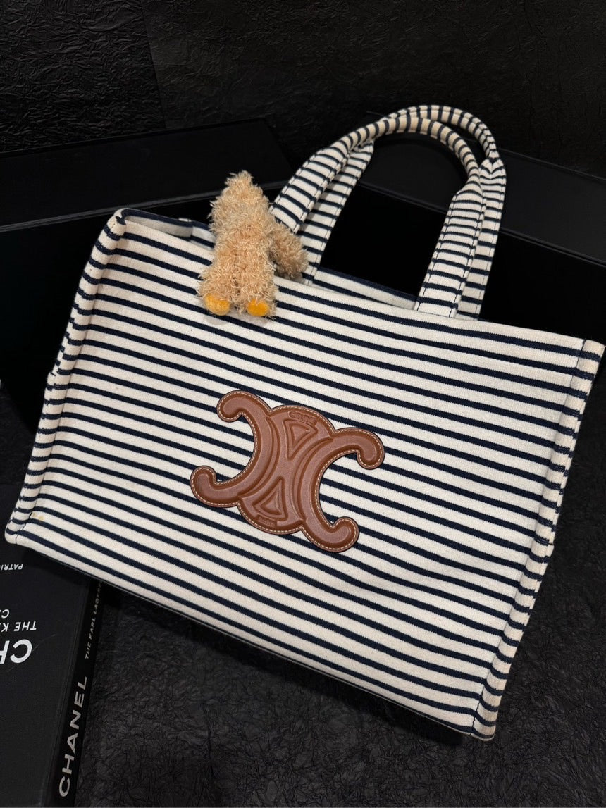 Luxury Cabas Vertical Stripe Tote Handbag Leather Black Tote Bag