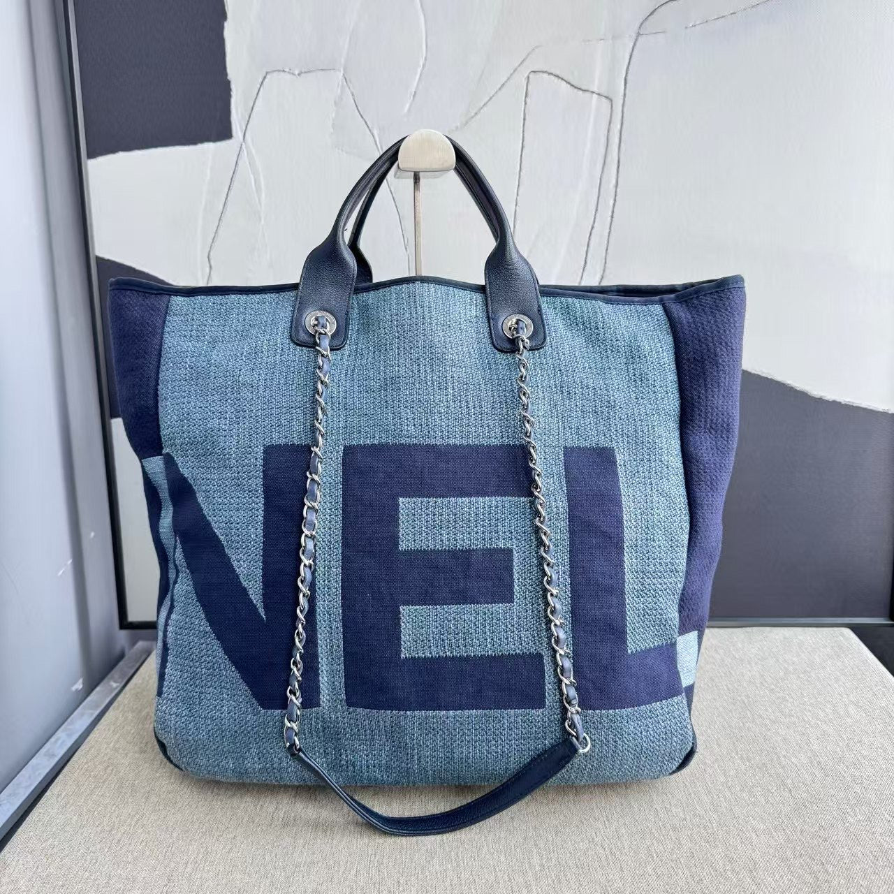 Chanel Deauville Tote Bag Blue Canvas  Large