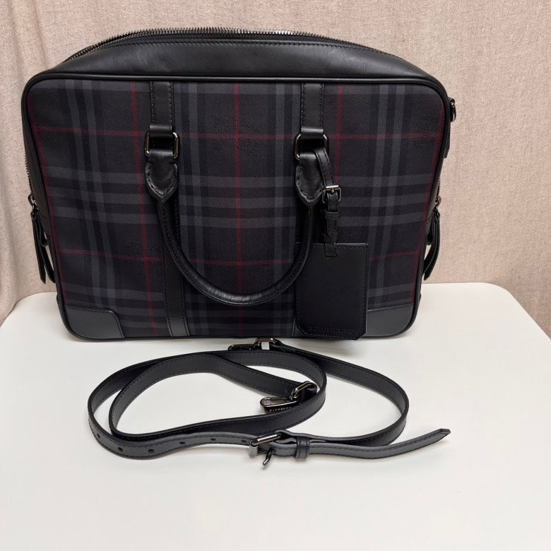Burberry Luxury Men Haymarket Check Briefcase Handbag Black Travel Bag
