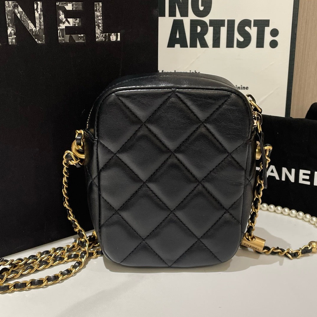 Chanel Phone Bag Mini Black Leather Crossbody with Microchip #13572