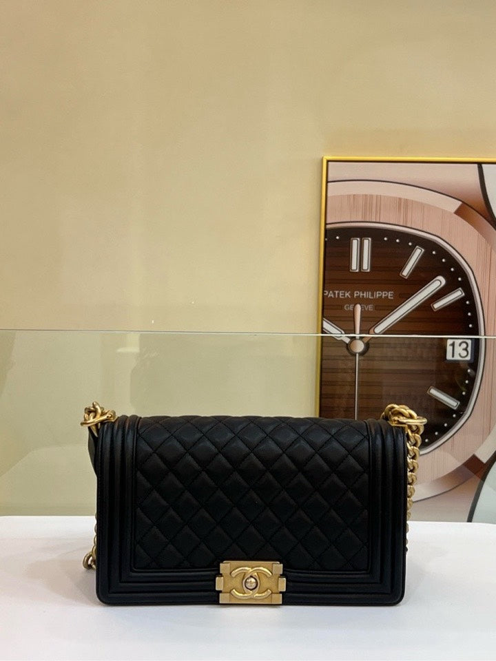 FULL SET  Chanel Le Boy Bag Black Quilted Leather Crossbody
