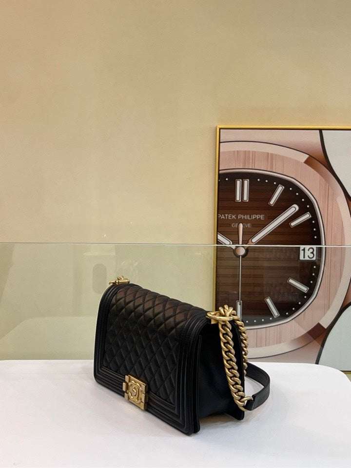 FULL SET  Chanel Le Boy Bag Black Quilted Leather Crossbody