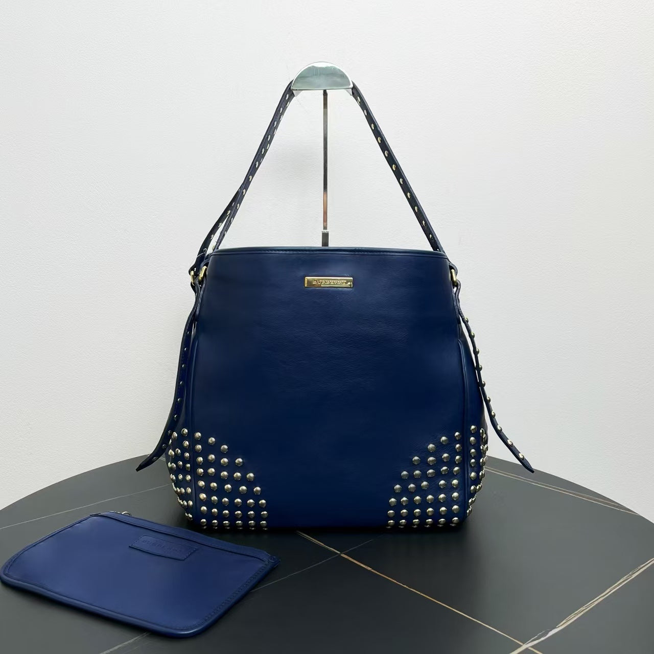 Burberry Luxury Studded Tote Bag In Leather Navy
