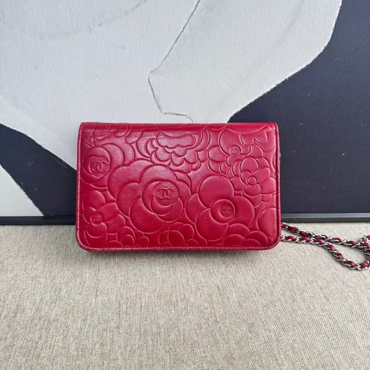 Chanel WOC Red Leather Camellia Embossed Crossbody Bag
