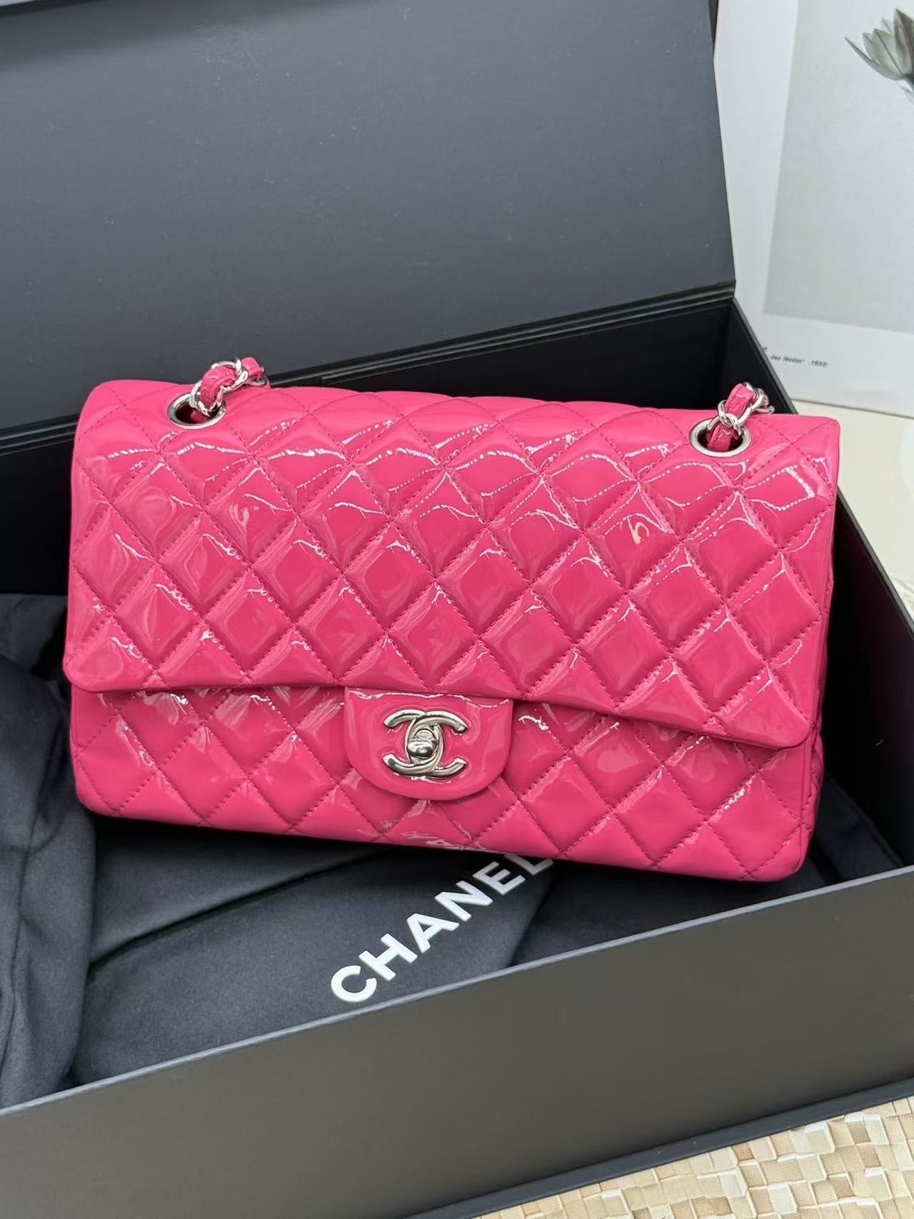 Chanel Double Flap CF Medium Pink Patent Shoulder Bag  Full Set
