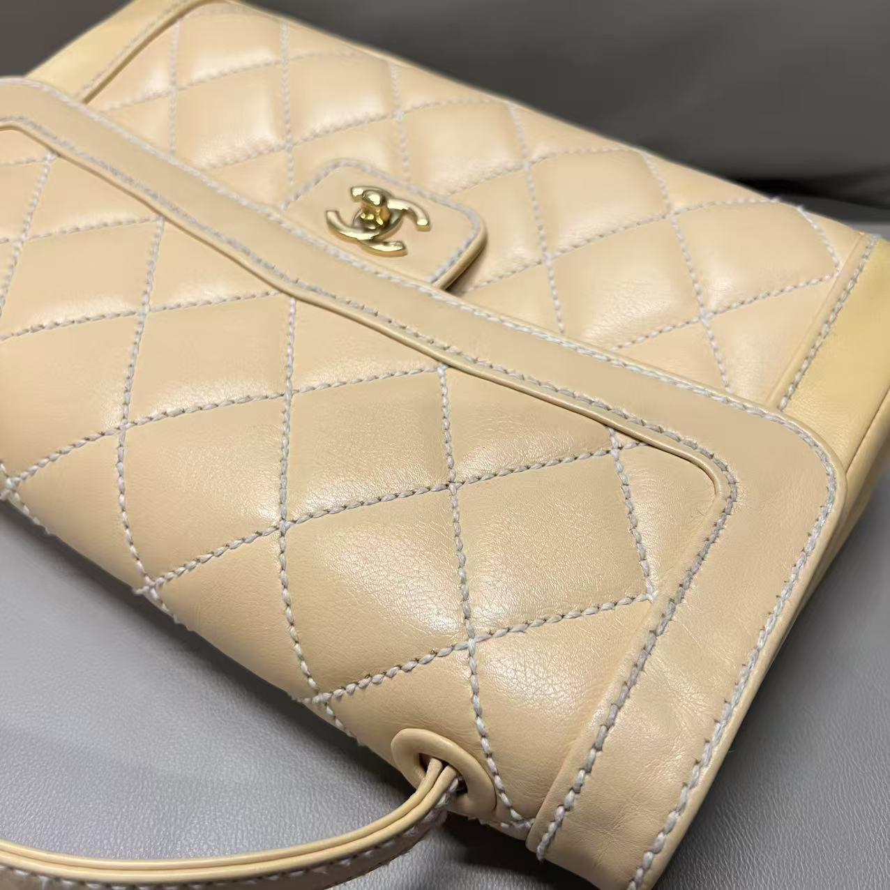 Chanel   Quilted Leather Beige Tote Bag