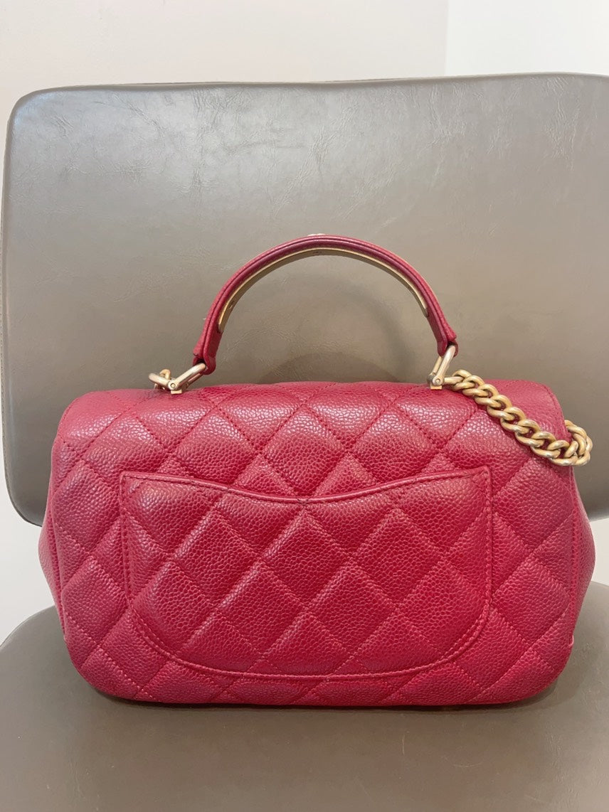 Chanel Handle Flap Bag with Card Red Leather Top Handle Bag