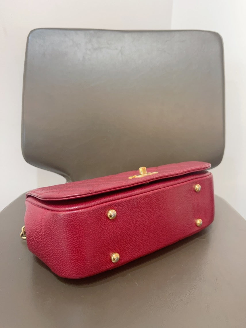 Chanel Handle Flap Bag with Card Red Leather Top Handle Bag