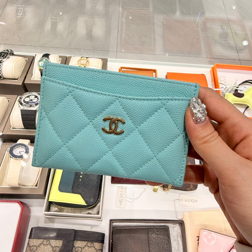 Chanel Quilted Card Case in Turquoise Leather