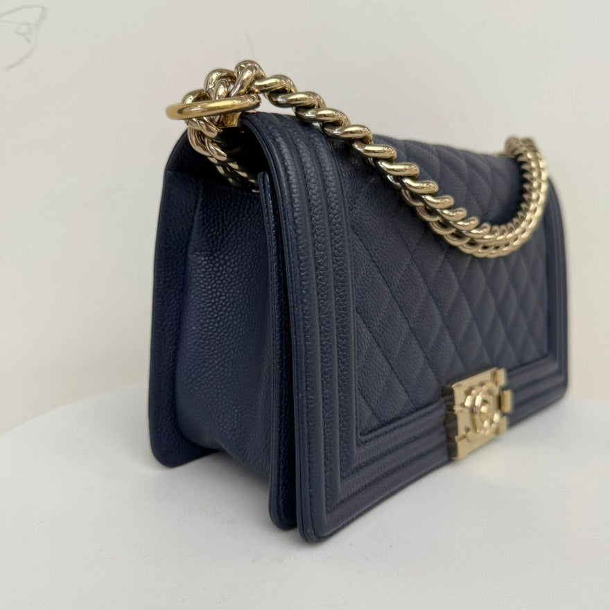 Chanel Caviar Leather Boy Bag Medium Navy Series