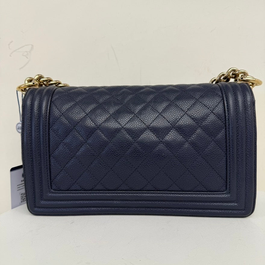 Chanel Caviar Leather Boy Bag Medium Navy Series