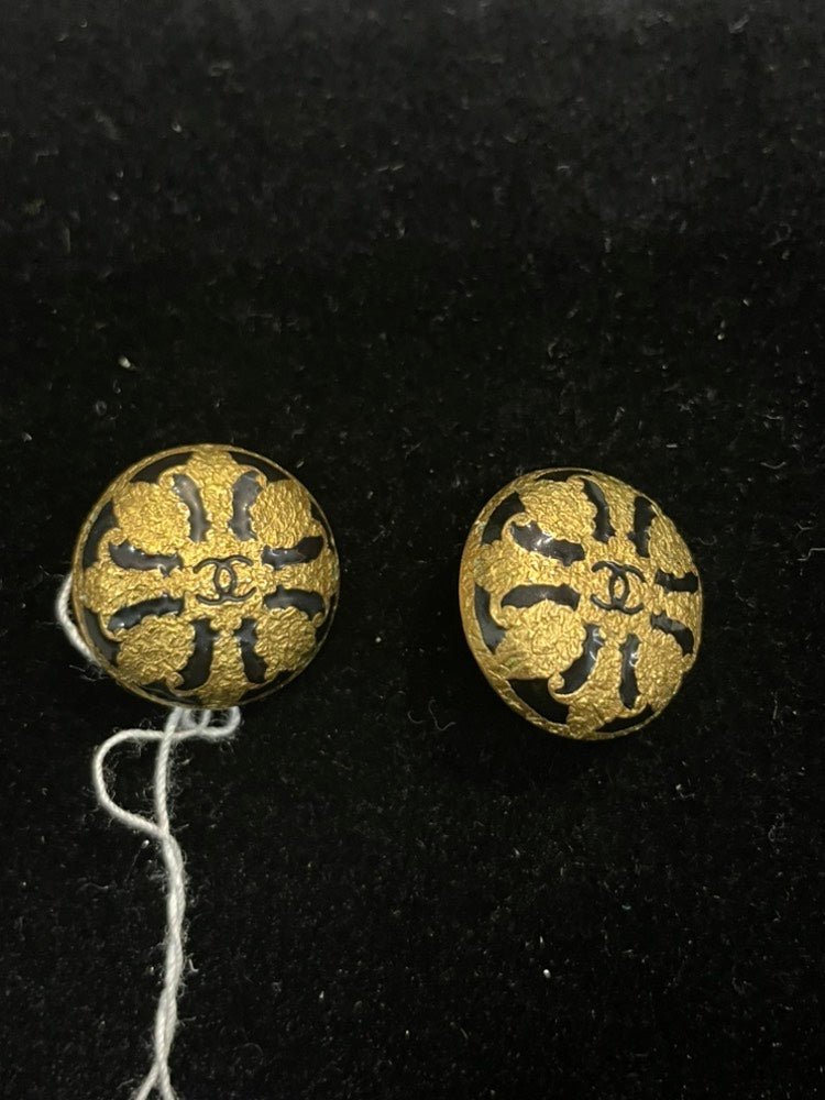 Chanel   Clip On Earrings Gold Black Floral Motif