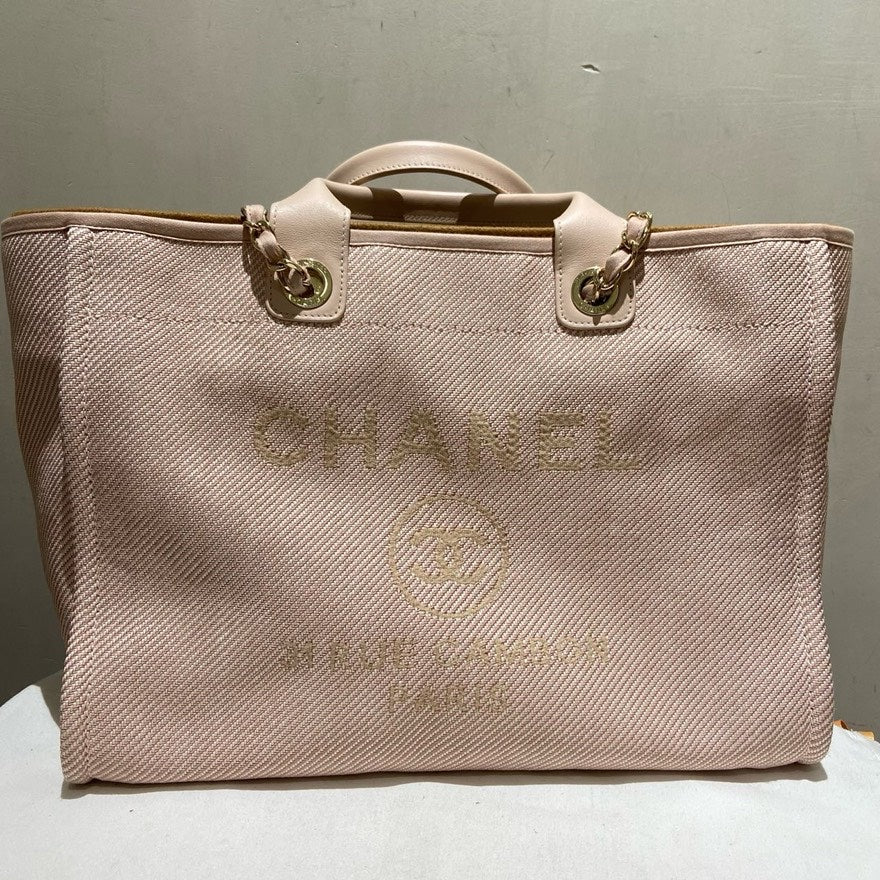 Chanel Large Canvas Beach Tote with Calfskin and Gold Chain in Beige