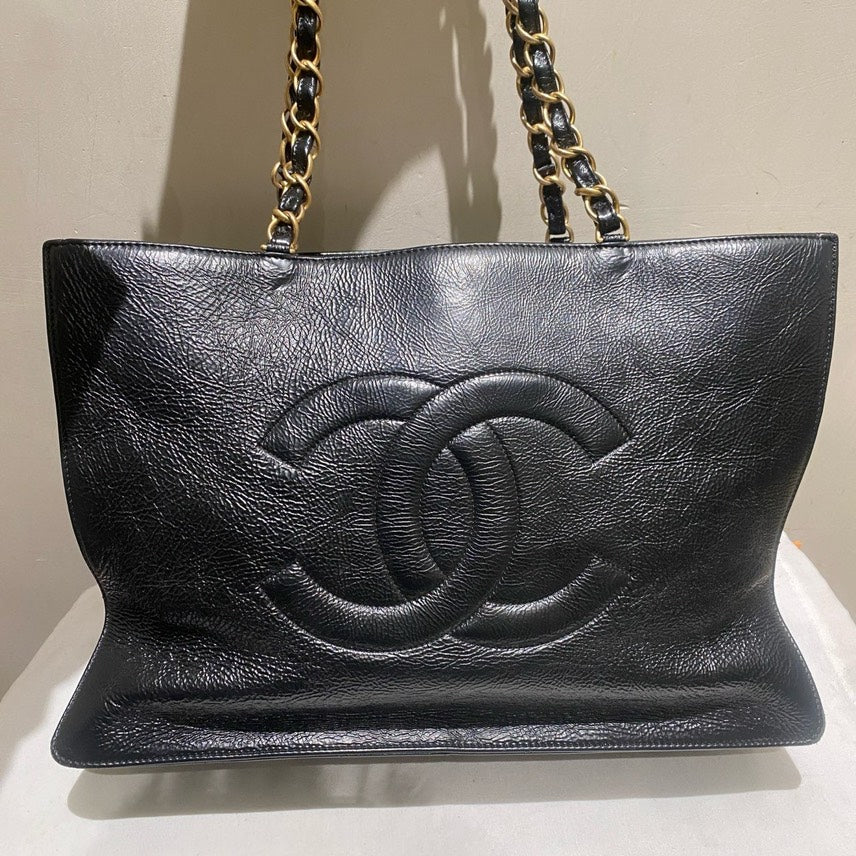 Chanel Large Shopping Bag Black Leather Tote